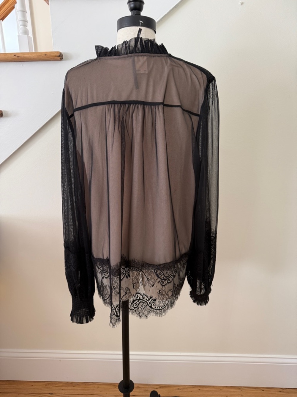 Sheer Black Lace-Trim Button Front Blouse - Women - Picture 4 of 5